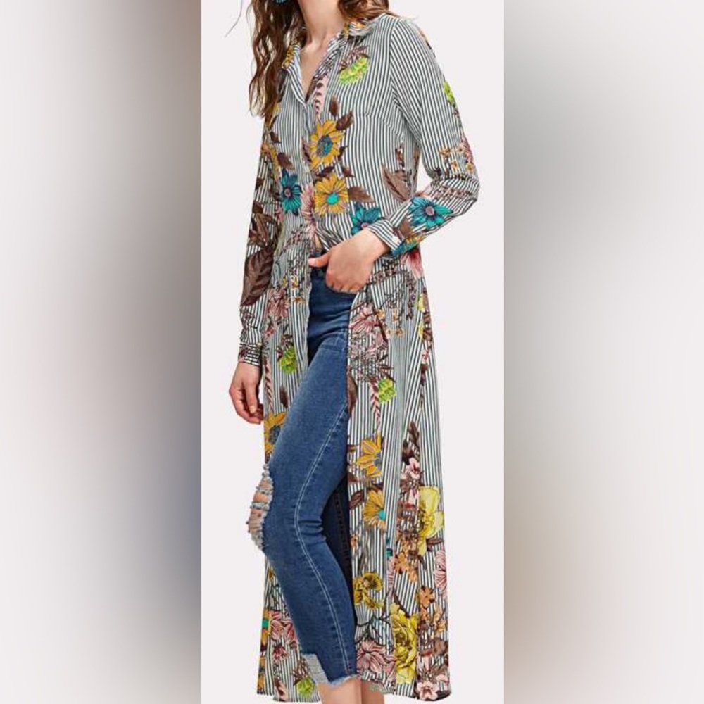 SHEIN | Vertical Striped Florals Longline Shirt | Size M